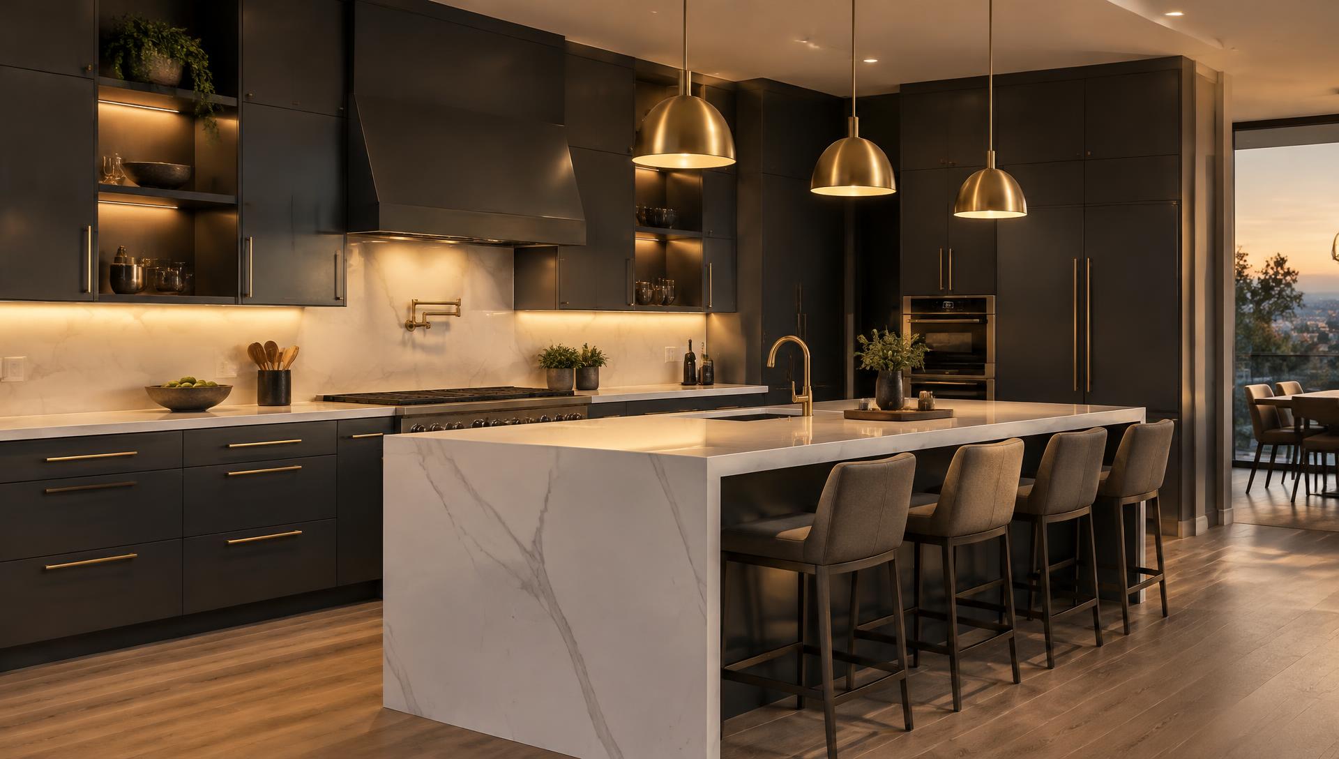 Luxury modern kitchen remodel with charcoal cabinets and marble island